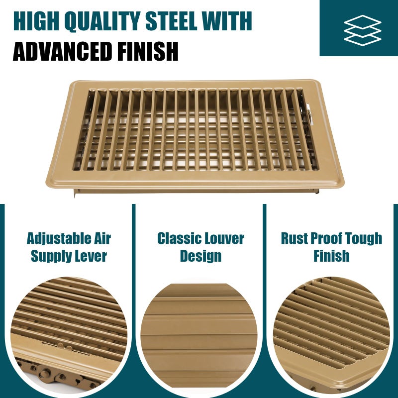 VOISEN Floor Register 6x10، 4 أغطية فتحات تهوية أرضية، شبكة إمداد هواء فولاذية قابلة للتعديل، غطاء فتحة تهوية للجدران الجانبية والأرضيات، أغطية فتحات تهوية لأرضية المنزل، بني - Image 5
